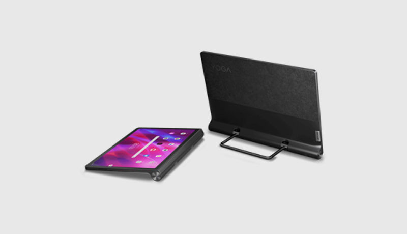 Pictured (left to right): The Yoga Tab 11 laying flat beside the Yoga Tab 13 on its kickstand - techxmedia