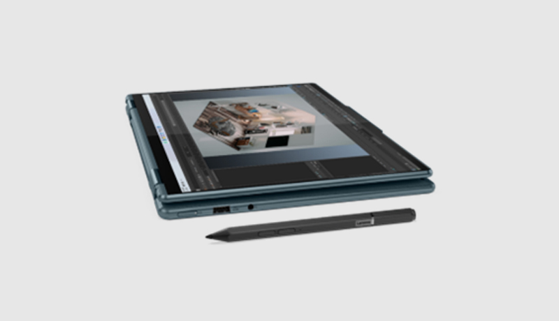 optional pen and in Stone Blue hue - 14-inch Yoga 7i 2-in-1 folds flat - techxmedia